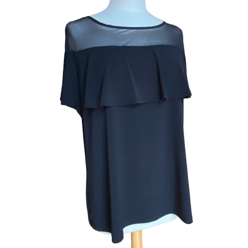 Clara Sun Woo Sheer Neckline Ruffle Cape Top-XL-Black Dark Grunge Fairycore